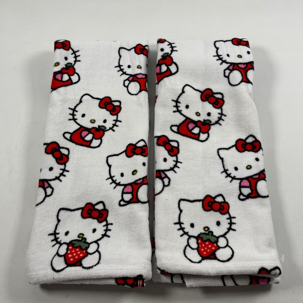 Hello Kitty Sanrio Hand Towel Set of 2 White Red Strawberry Cotton Terry 16x28